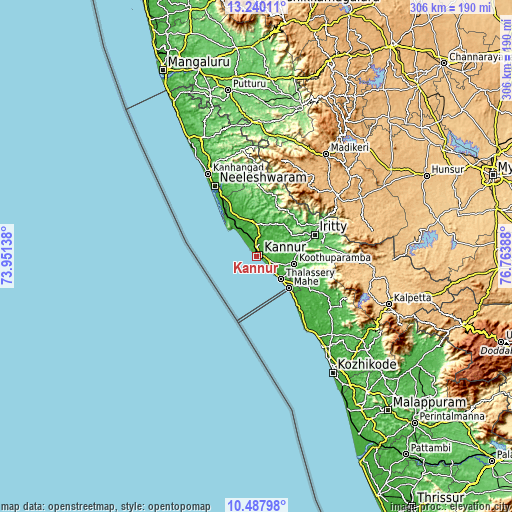 Topographic map of Kannur