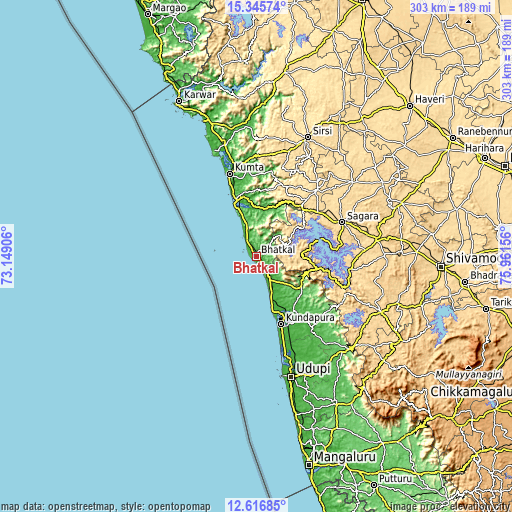 Topographic map of Bhatkal