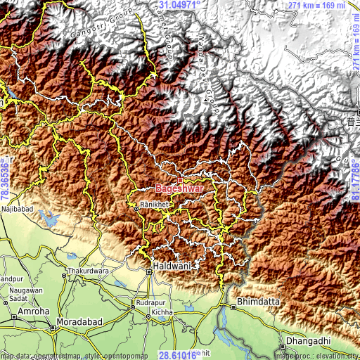 Topographic map of Bāgeshwar