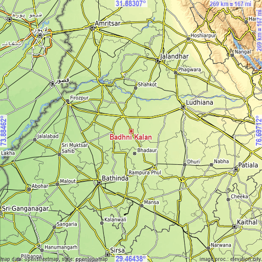 Topographic map of Badhni Kalān