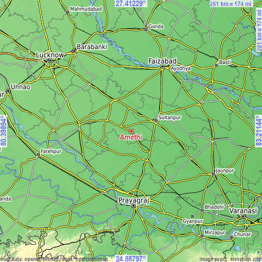Topographic map of Amethī