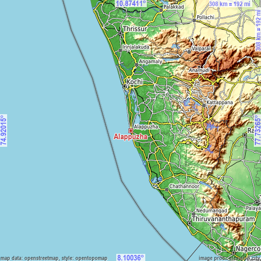 Topographic map of Alappuzha
