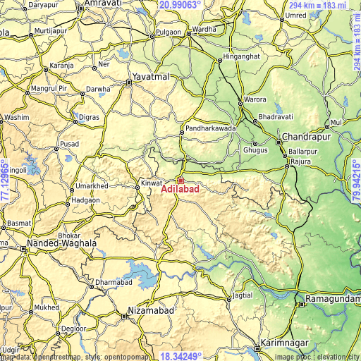 Topographic map of Ādilābād