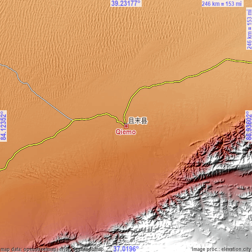 Topographic map of Qiemo