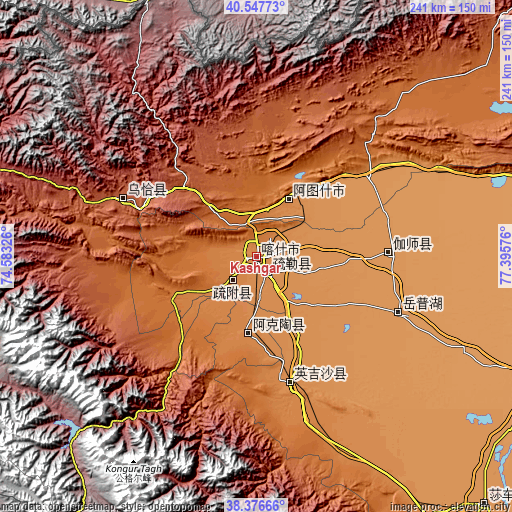 Topographic map of Kashgar