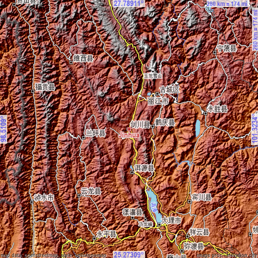 Topographic map of Jinhua