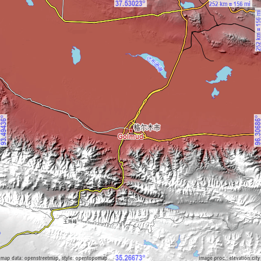 Topographic map of Golmud