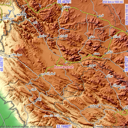 Topographic map of Kermanshah