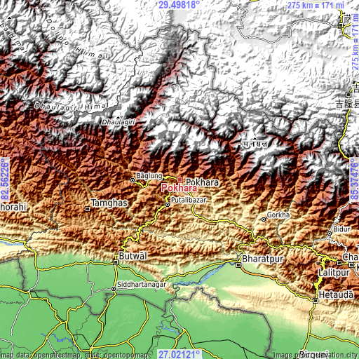 Topographic map of Pokhara