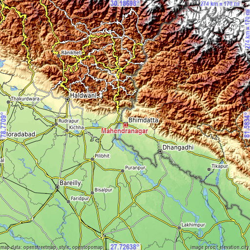 Topographic map of Mahendranagar
