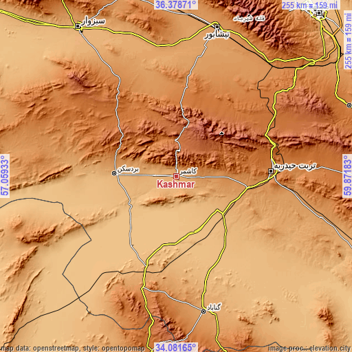 Topographic map of Kāshmar