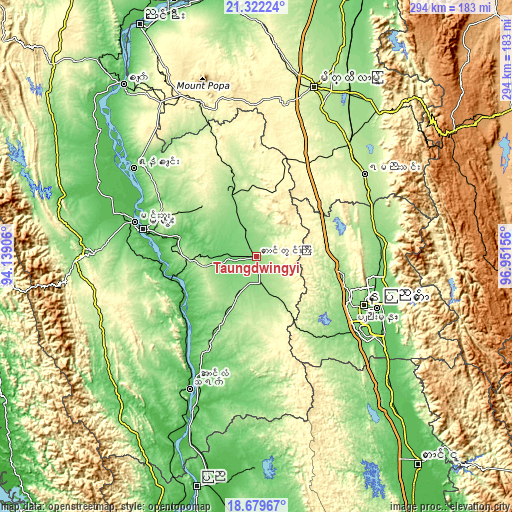 Topographic map of Taungdwingyi