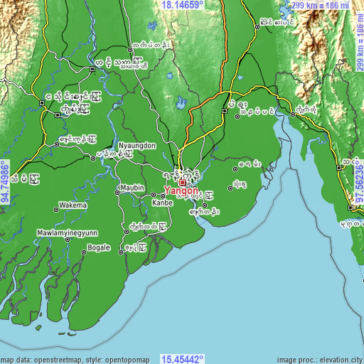 Topographic map of Yangon