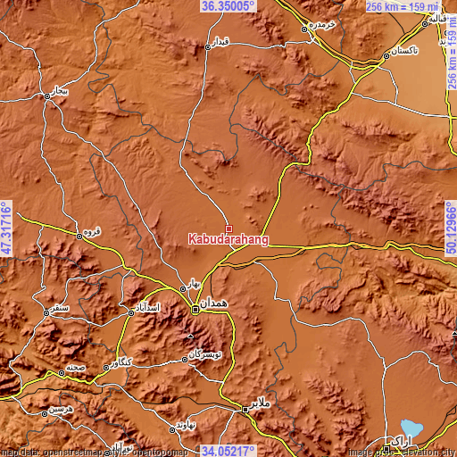 Topographic map of Kabūdarāhang
