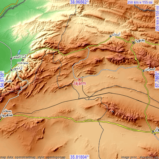 Topographic map of Jājarm