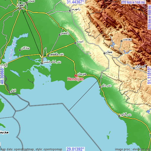 Topographic map of Hendījān