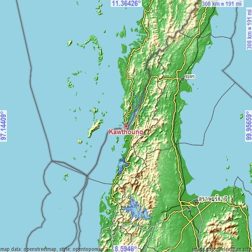 Topographic map of Kawthoung