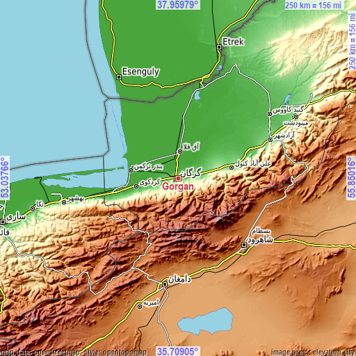 Topographic map of Gorgān