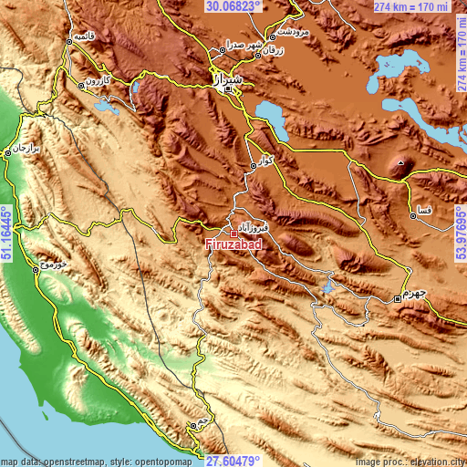 Topographic map of Fīrūzābād