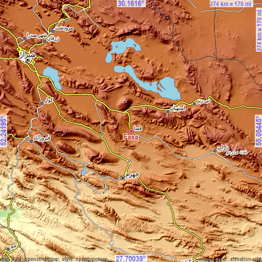 Topographic map of Fasā