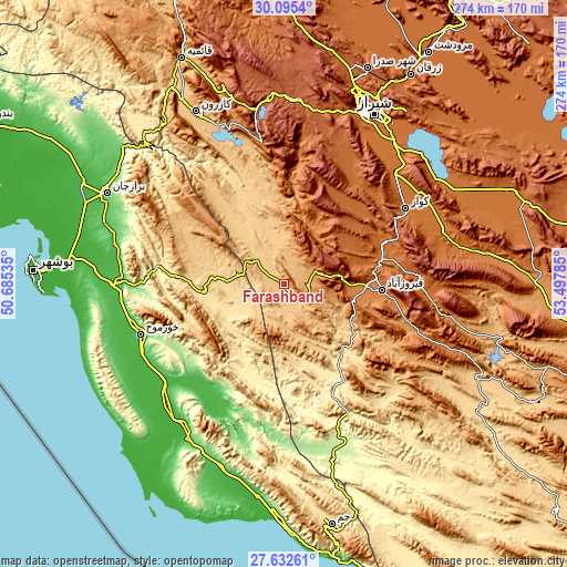 Topographic map of Farāshband