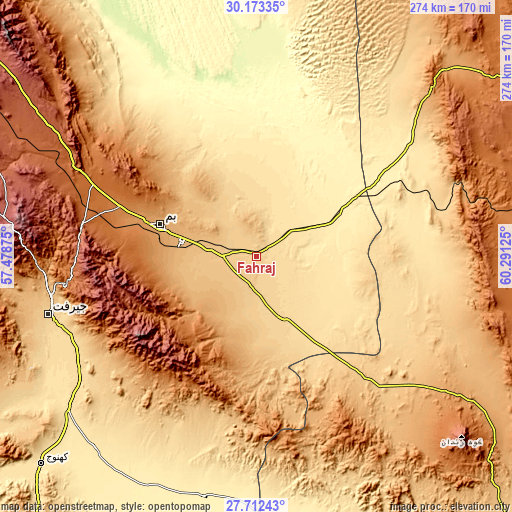 Topographic map of Fahraj