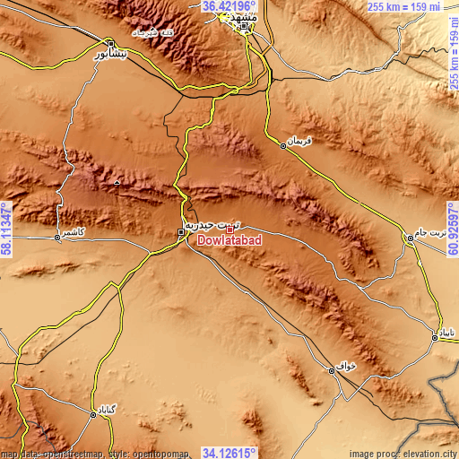 Topographic map of Dowlatābād