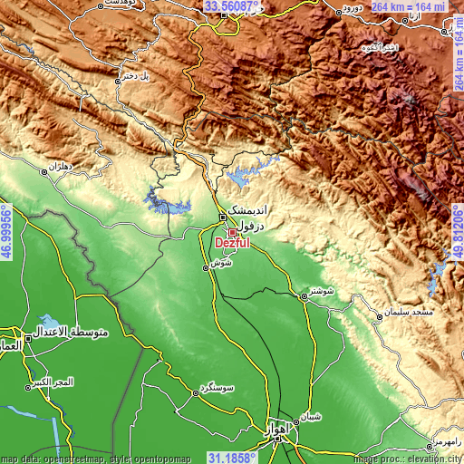 Topographic map of Dezful