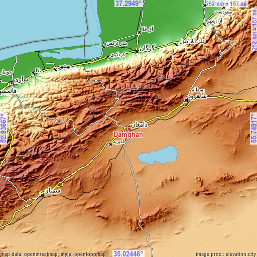 Topographic map of Dāmghān