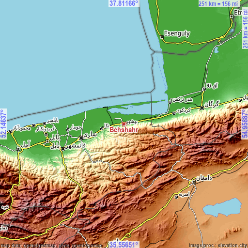 Topographic map of Behshahr