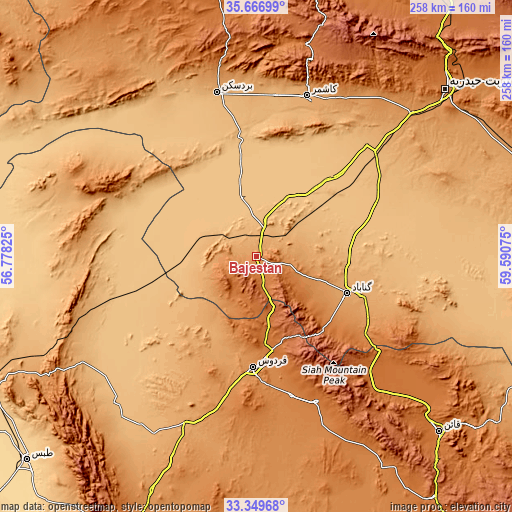 Topographic map of Bajestān