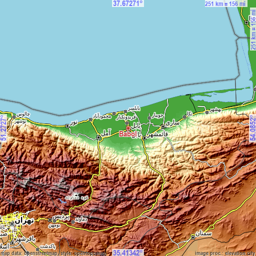 Topographic map of Bābol