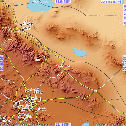 Topographic map of Ardestān