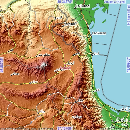 Topographic map of Ardabīl