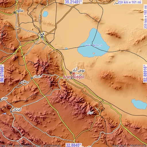 Topographic map of Ārān Bīdgol