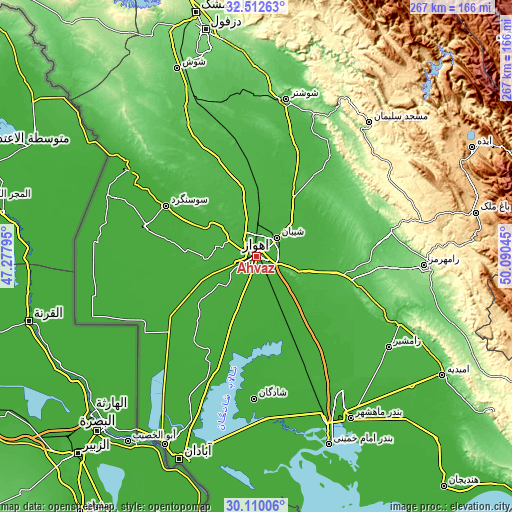 Topographic map of Ahvaz