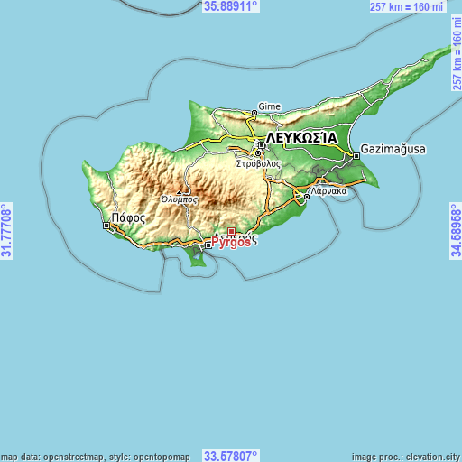 Topographic map of Pyrgos