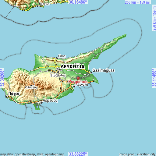 Topographic map of Pérgamos