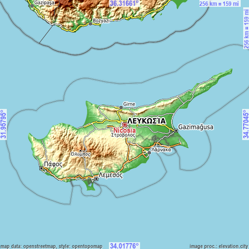 Topographic map of Nicosia