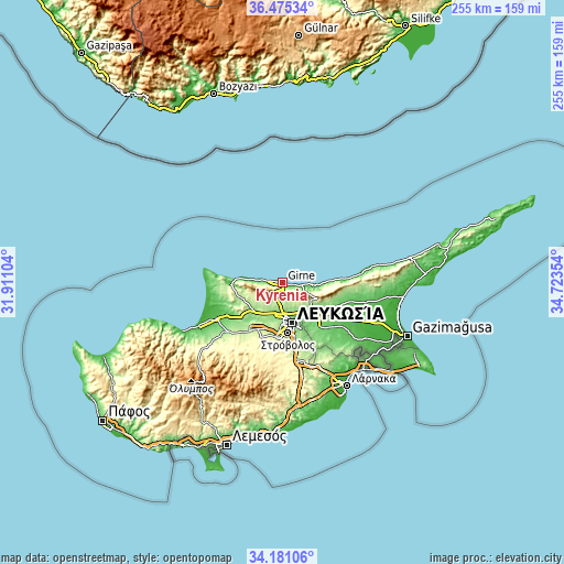 Topographic map of Kyrenia