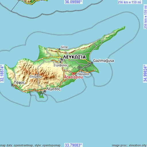 Topographic map of Aradíppou