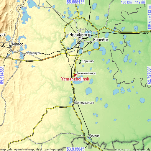 Topographic map of Yemanzhelinsk
