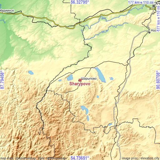 Topographic map of Sharypovo