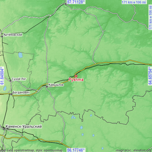 Topographic map of Pyshma