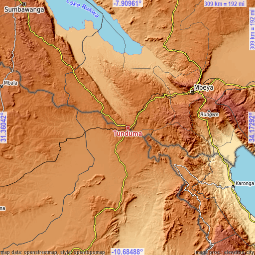 Topographic map of Tunduma