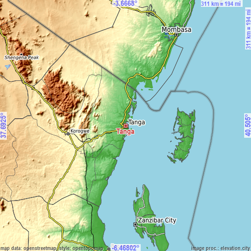 Topographic map of Tanga