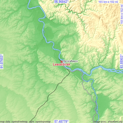 Topographic map of Lesosibirsk