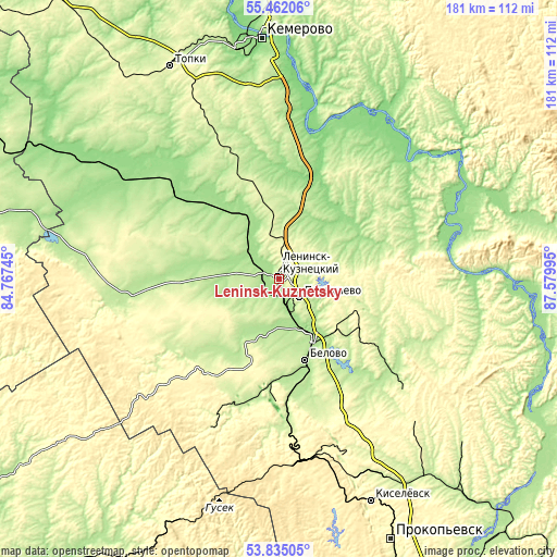 Topographic map of Leninsk-Kuznetsky