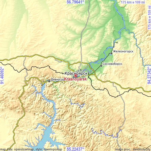 Topographic map of Krasnoyarsk
