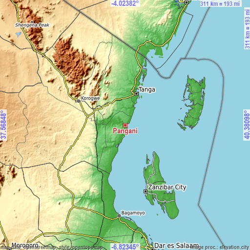 Topographic map of Pangani